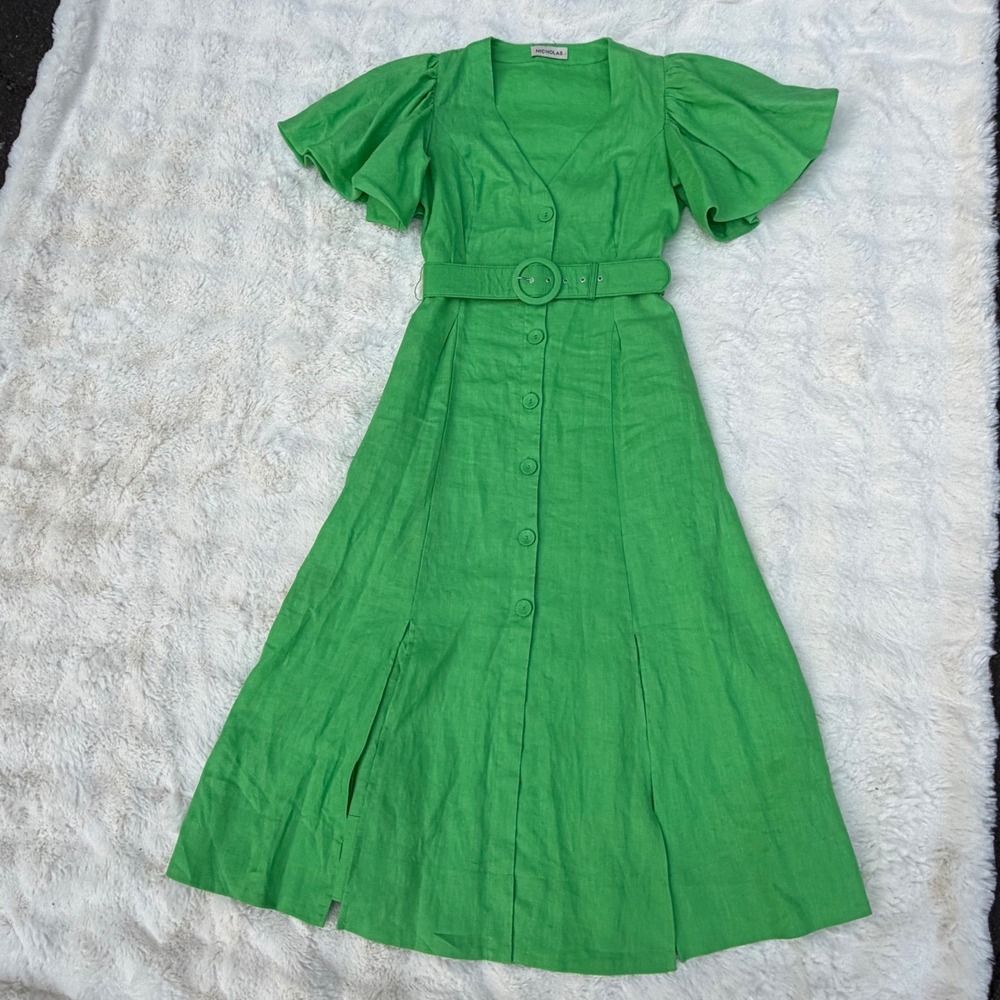 Nicholas Green Linen Button Front‎ Belted Puff Sleeve Midi Dress